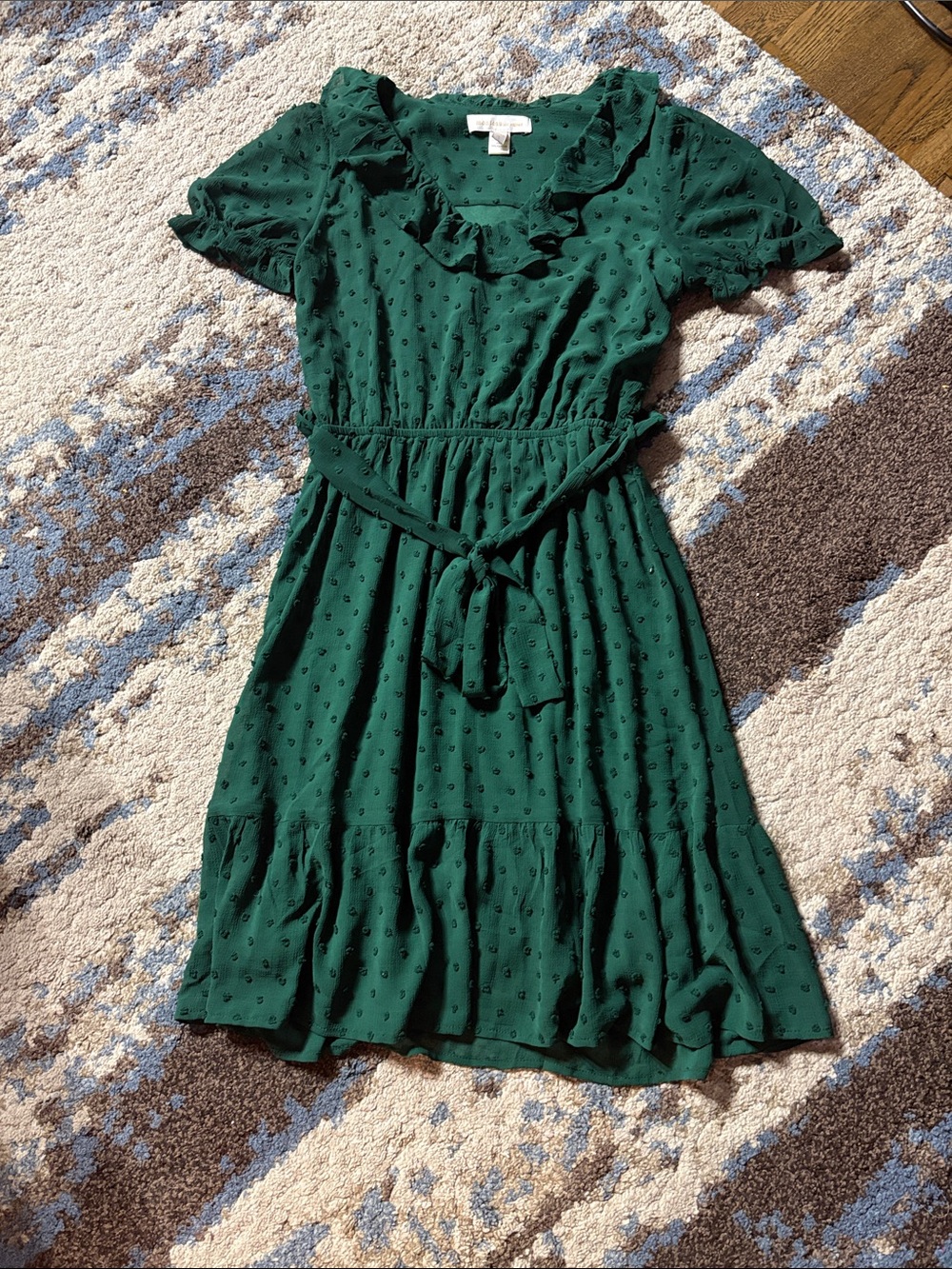Monteau Dark Green Ruffle-Neck Belted Casual Dress